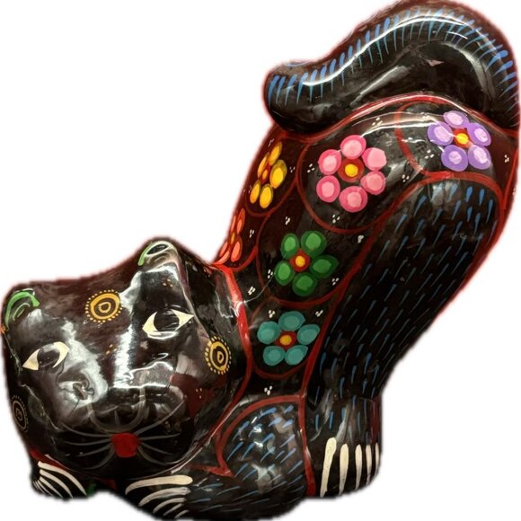 Vintage Talavera Hand Painted Mexican Folk Art Red Clay Ceramic Kitty Cat Bank - Picture 2 of 12